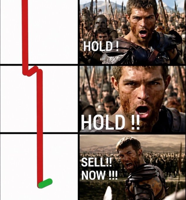 The image shows a man with a beard wearing armor, holding a sword, and surrounded by other men dressed in similar armor. The text above him reads "Hold! Hold! Hold!" while below him there are three different images of the same scene with varying levels of intensity. The first image is a close-up of the man with his sword, the second image shows another man holding a sword as well, and the third image depicts a group of men in battle. Below these images, there's text that reads "Sell! Sell! Sell!" followed by an image of a green arrow pointing to the right side of the post.