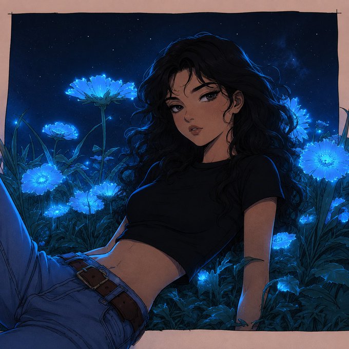 An anime-style illustration of a young woman with long dark curly hair, wearing a black crop top and jeans with a belt, lying among glowing blue flowers under a starry night sky.