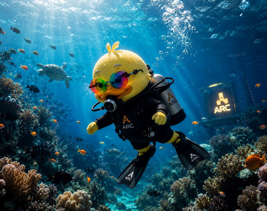 The image features a yellow duck wearing scuba gear swimming among colorful fish in an underwater scene. The duck appears to be exploring the ocean, surrounded by various sea creatures such as fish and coral reefs. The post about @TheARCTERMINAL suggests that identity and authenticity are being discussed, possibly related to the concept of ANIMA or artificial intelligence. This could imply a connection between the duck's exploration in the underwater environment and the idea of exploring new territories or experiences through technology like AI systems.