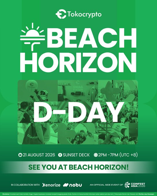 A vibrant green promotional poster for Tokocrypto's "Beach Horizon D-Day" event on 21 August 2026 at Sunset Deck, 2PM–7PM (UTC+8), featuring a photo collage of past community gatherings and noting collaborations with Xenorize and Nobu as an official side event of Coinfest Asia 2026.