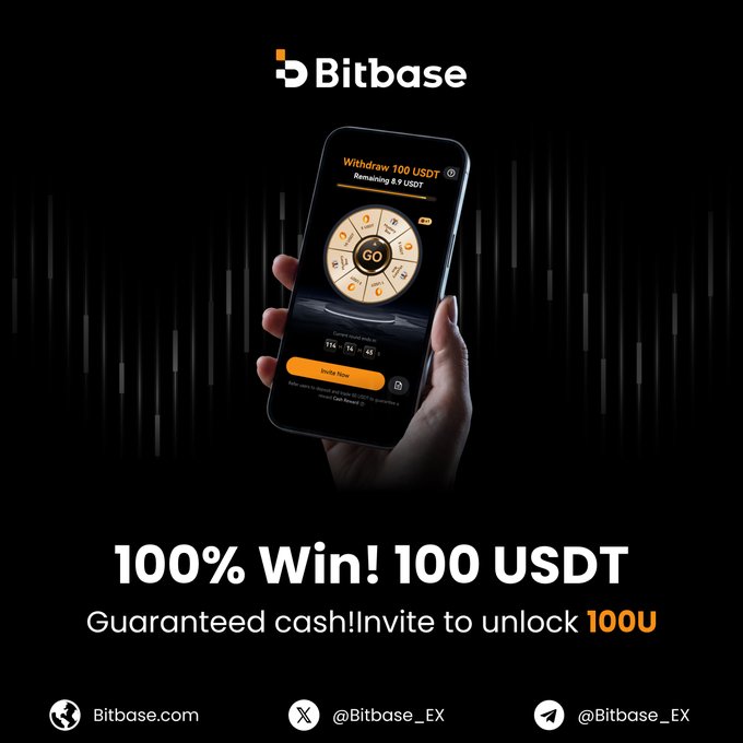A Bitbase advertisement offering a '100% Win! 100 USDT' promotion with a smartphone displaying a withdrawal prize wheel, instructing them to invite others to unlock an additional 100U, with social media handles @Bitbase_EX.