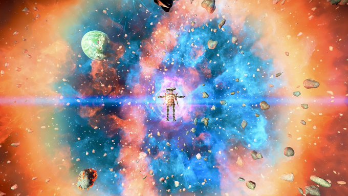 A space scene with a figure floating in the center surrounded by colorful cosmic dust, asteroids, and a planet in the background.
