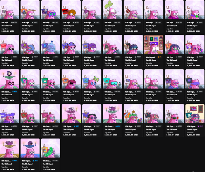 The image features a grid of various pink characters, including cartoon animals such as a pig, dog, cat, and bird, along with other pink objects like a hat, scarf, and umbrella. The characters are arranged in rows and columns on a black background, creating an eye-catching display. The post includes text that reads "Gmonad @monad and G10K @the10kSquad Iam so ready for SQUADMANIA! Love all my NFTs". This suggests that the image is related to a social media platform or online community where users can share their NFTs, such as digital artworks, games, or other creative projects.