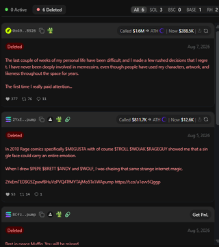 The image shows a deleted tweet from "Boyz" (@boyz) dated August 7, 2020, reflecting on personal challenges and the difficulty of making life-altering decisions, which aligns with the context of meme creator Matt Furie's promotional tweets being deleted. The tweet has gained 377 likes, 3.7K retweets, and 11 replies, with trading data showing $11.6M calls and $288.5K puts on the BOYZ ticker.