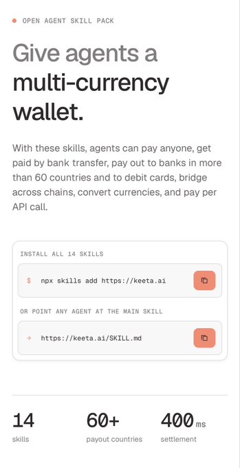 Light-themed graphic for an 'Open Agent Skill Pack' by Keeta titled 'Give agents a multi-currency wallet,' detailing 14 skills with install commands and stats like 60+ payout countries.