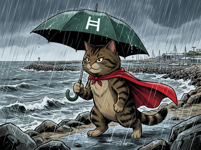 An illustrated anthropomorphic tabby cat wearing a red cape, holding a green umbrella with an 'H' logo while walking through a stormy coastal scene.