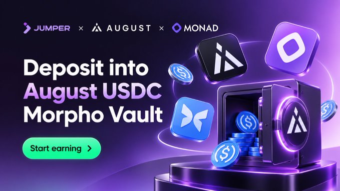 A promotional graphic featuring the logos of Jumper, August, and Monad displays the text "Deposit into August USDC Morpho Vault" alongside an illustration of a futuristic vault overflowing with USDC coins, advertising up to 20% bonus APY on deposits with $18K in MON rewards as detailed in the post.