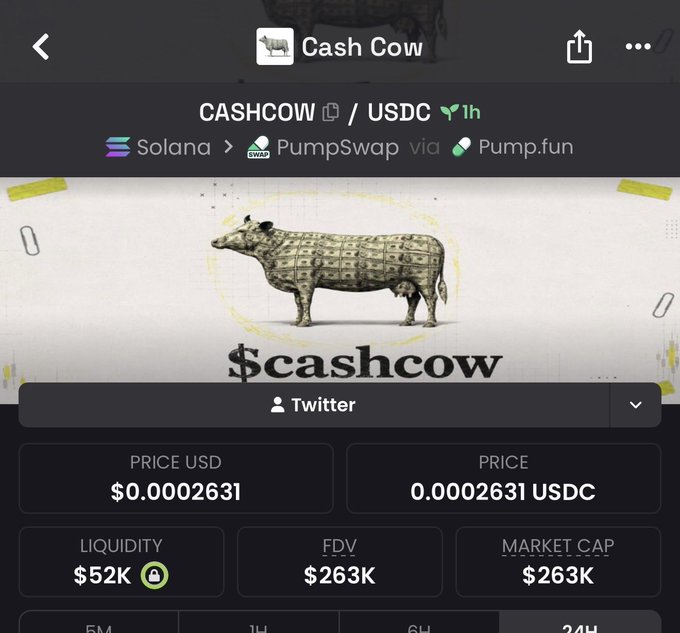 A screenshot of the "Cash Cow" ($CASHCOW) token on Solana via PumpSwap/Pump.fun shows a low market cap memecoin priced at $0.0002631 with $52K liquidity and $263K FDV/Market Cap, aligning with the post's sarcastic promotion of Solana having its own "cash cow" alternative to Robinhood.