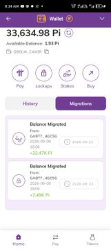A Pi Wallet screen shows a balance of 33,634.98 Pi with a Migrations tab highlighted, displaying two migration records of 22,478 Pi and 7,408 Pi totaling 33,634.98 Pi, illustrating the ongoing Pi migration process referenced in the post about a second migration wave.
