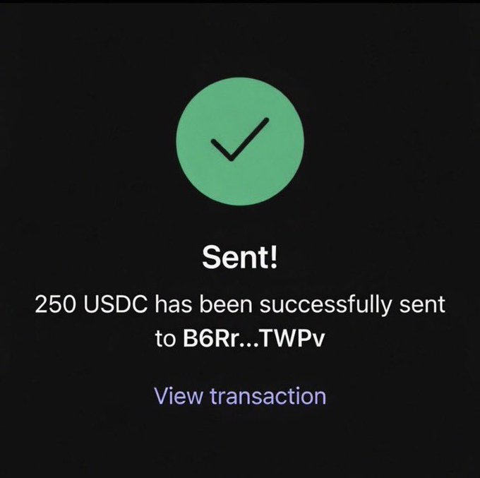 A cryptocurrency transaction confirmation screen showing "Sent!" with a green checkmark, indicating 250 USDC has been successfully sent to address B6Rr...TWPv, with a "View transaction" link. The image serves as proof for the post claiming to have sent $250 USDC to a follower, prompting others to share their Solana addresses for similar giveaways.