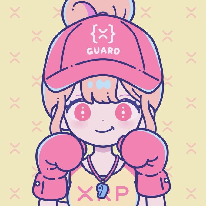 A cute anime-style digital illustration of a girl wearing a pink '{X} GUARD' cap and pink boxing gloves, with a whistle around her neck, set against a pale yellow background with X patterns.