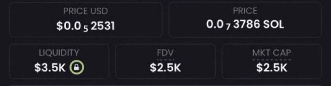 The image displays low-value token metrics including a price of $0.052531 (0.07386 SOL), $3.5K liquidity, and a $2.5K FDV/market cap, suggesting an extremely small-cap token. These figures reinforce the post's narrative of searching for a high-risk, early-stage 1000x gem by showing a micro-cap token with minimal liquidity.