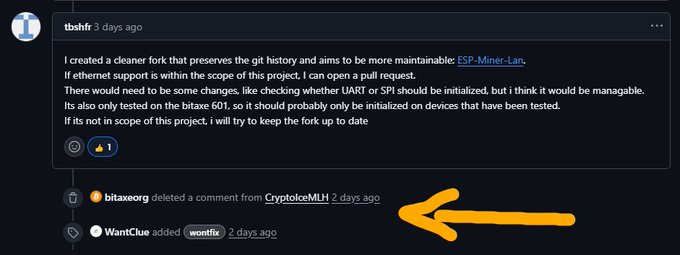 A screenshot of a Reddit comment by user "tbshfr" from 3 days ago announcing a cleaner fork of ESP-Miner-Lan that preserves git history and supports ethernet. The comment indicates the project is currently only tested on the Bitaxe 601, and a deleted comment from "CryptodogeMLH" is highlighted with a yellow arrow, showing deletion 2 days ago followed by "WantClue" adding "wontfix" tag, suggesting community pushback on the LAN mining feature relevant to the Bitcoin tech discussion.