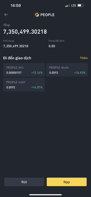A mobile screenshot of a cryptocurrency portfolio app displays a $PEOPLE token holding worth 7,350,499.30218 tokens, with available balances shown for PEOPLE/BTC, PEOPLE/BUSD, and PEOPLE/USDT trading pairs, alongside "Rút" (Withdraw) and "Nạp" (Deposit) buttons. The image directly illustrates the post's nostalgic theme about holding $PEOPLE, showing the accumulated bag from DCA-ing over the years now displaying significant gains of around +14% across all three trading pairs.