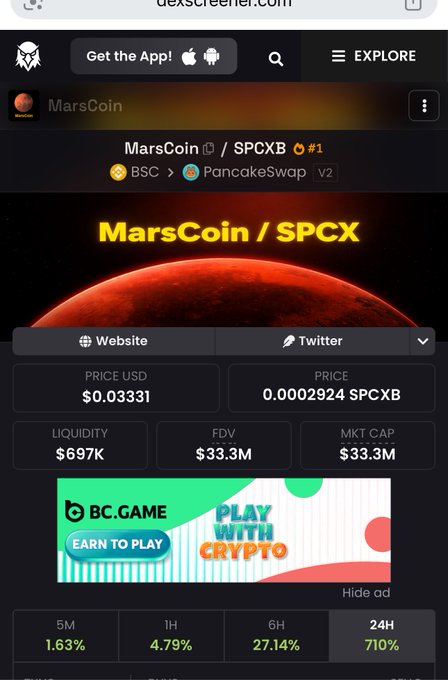 The image shows a DexScreener listing for MarsCoin/SPCX (SPCXB), trading at $0.03331 with a $33.3M market cap, displaying significant gains of 710% in 24 hours and 27.14% over 6 hours. This aligns with the post's claim of a massive pump, highlighting the dramatic price surge that resulted in approximately 150x returns for early holders of the BSC/PancakeSwap-listed token.