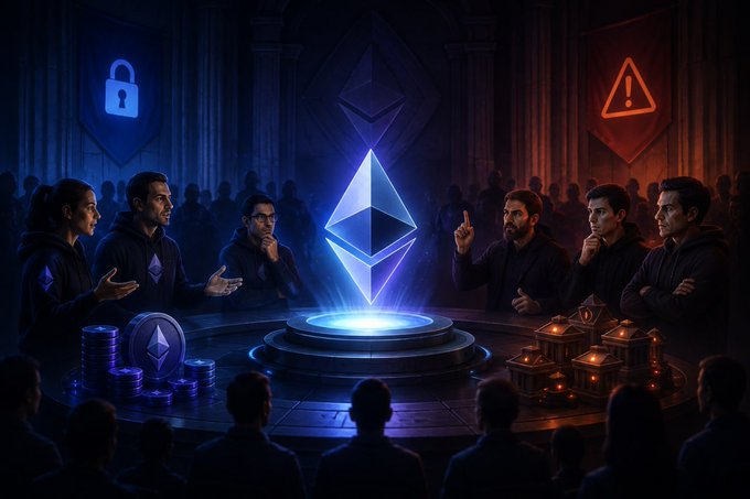Illustration depicting two factions gathered around a glowing Ethereum logo—one side with a blue padlock symbol representing security, the other with a red warning triangle representing risk—symbolizing debate over Ethereum's role in crypto safety.