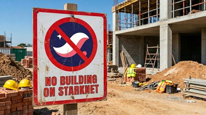 The image shows a construction site with a sign posted at the edge of the dirt road. The sign has a red circle with a white "No" inside, accompanied by an exclamation mark. Below the sign, there are two workers wearing hard hats, indicating that they are actively engaged in building or working on the site. The text on the post reads: "As part of the @GuessmyNFT team, I am announcing that we will no longer be building on @Starknet". This message suggests that the construction project is being halted due to a change in plans or circumstances related to the site's location and history.