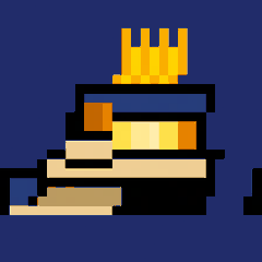 Pixel art showing a figure with dark hair and a crown-like yellow shape on top, with abstract colored shapes, set against a dark blue background.
