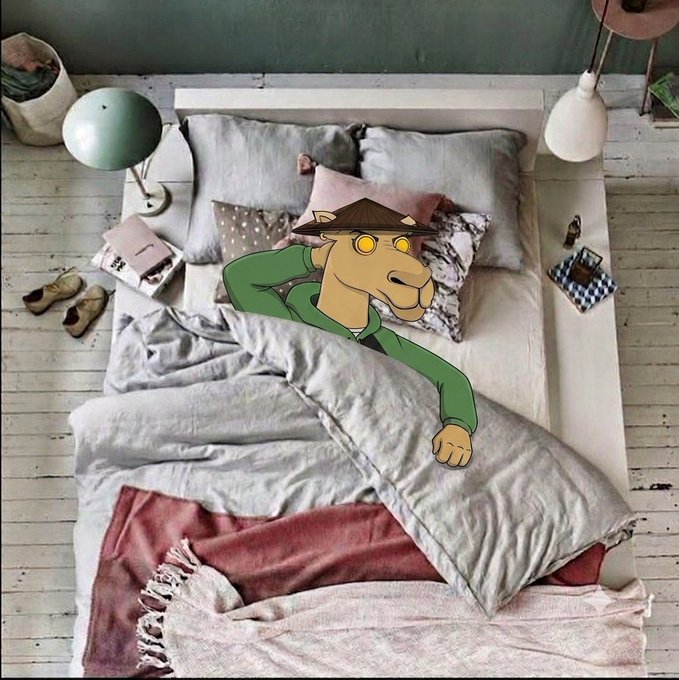 A cartoon dog detective in a deerstalker hat and green trench coat wakes up in a cozy bed, perfectly matching the "rise and grind" morning vibe for sleepy frens.