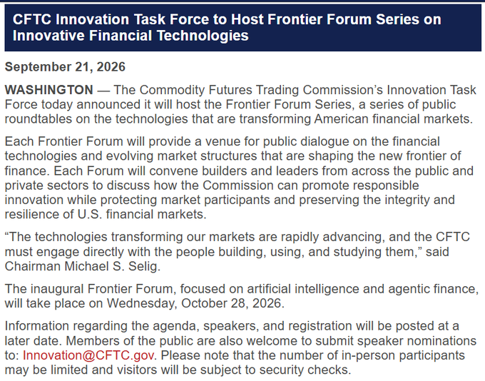 A news article dated September 21, 2026 announces that the CFTC Innovation Task Force will host the Frontier Forum Series on financial technologies, with the first forum focused on AI and agentic finance on October 28, 2026, featuring a quote from Chairman Michael S. Selig.