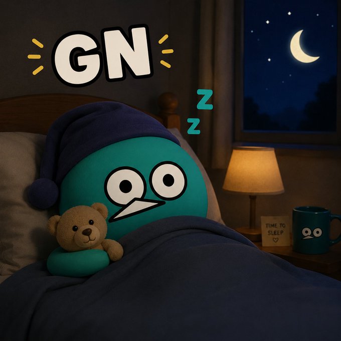 "GN Who's the last one scrolling X tonight?" is a question about the time of day, which seems to be nighttime or bedtime. The image features a green stuffed animal (possibly a frog) lying under a blue blanket on a bed with a teddy bear next to it. There are also two cups in the scene - one near the bottom right corner and another at the top left corner.