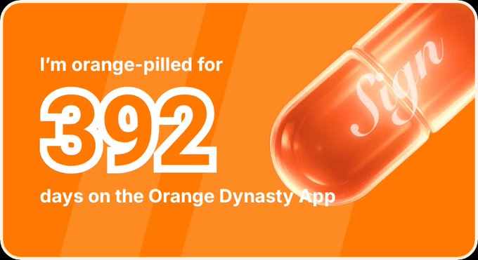 Orange promotional graphic stating 'I'm orange-pilled for 392 days on the Orange Dynasty App' with an orange pill labeled 'Sign'.
