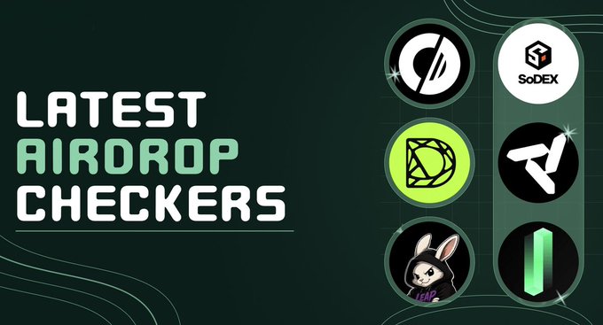 A dark green promotional graphic reads “LATEST AIRDROP CHECKERS” and features circular logos for projects including SoDEX, alongside stylized platform icons. It serves as a visual banner for a post listing currently available airdrop eligibility checks, including Solstice (@solsticefi), DGrid AI (@dgrid_ai), and Quant (@quantumleapxyz).