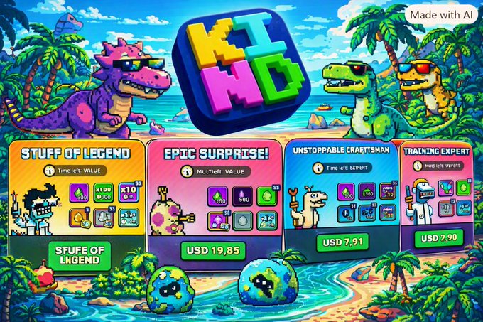 A colorful AI-generated mobile game store page featuring pixel-art dinosaurs on a tropical beach, with in-app purchases labeled "STUFE OF LEGEND USD 19,85", "USD 7,91", and "USD 2,90".