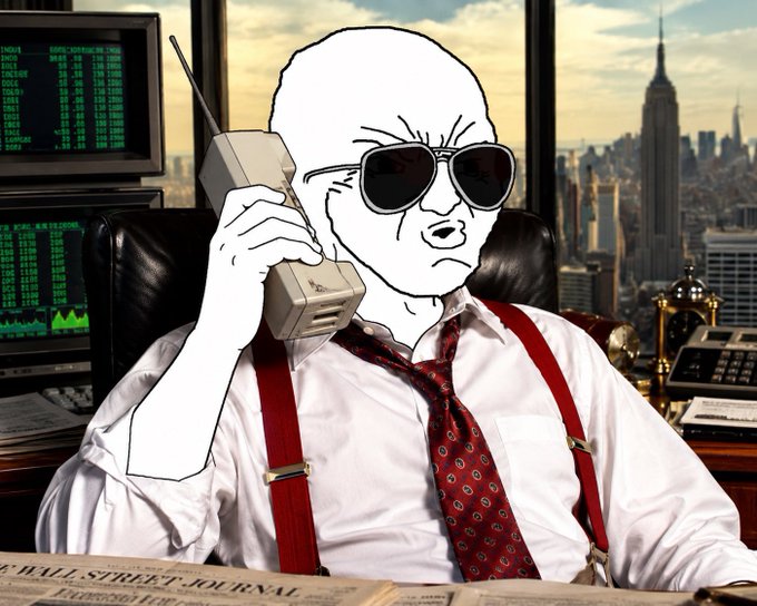 A Wojak meme character wearing sunglasses, a white shirt, red suspenders, and a red patterned tie holds a large retro cell phone in an office overlooking a city skyline with a Wall Street Journal newspaper visible.