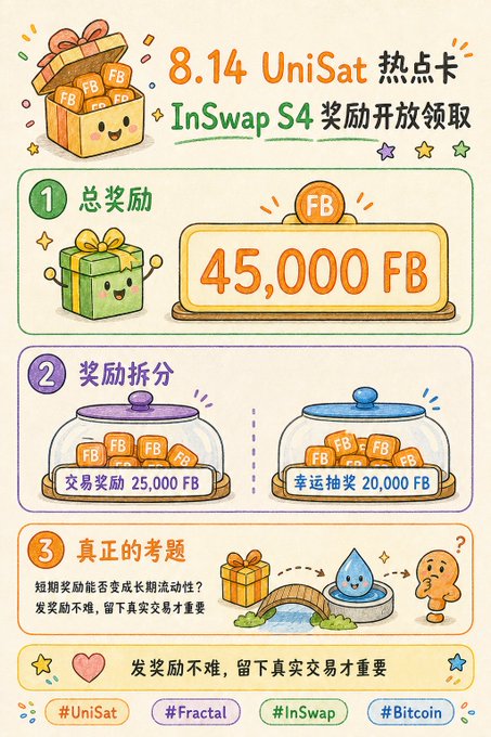A promotional infographic for '8.14 UniSat 热点卡' showing a total reward of 45,000 FB, split into 25,000 FB for trading and 20,000 FB for a lottery, with hashtags #UniSat #Fractal #InSwap #Bitcoin.