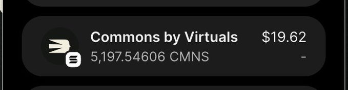 The image shows a digital wallet or exchange entry for "Commons by Virtuals" priced at $19.62, with a holding of 5,197.54606 CMNS tokens. The post's comment about "$0.2 per person" suggests the user is humorously lamenting that even splitting their modest token holdings among people would only yield pennies, emphasizing how little their crypto investment is worth per share.