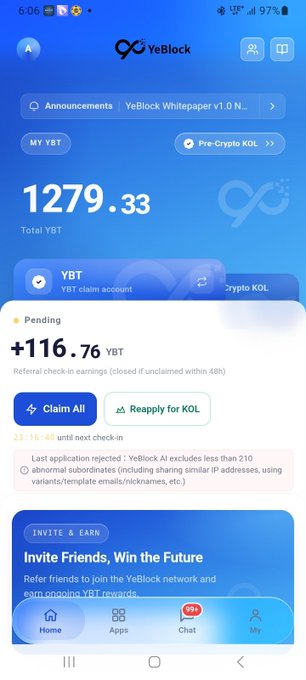 A YeBlock app screenshot shows a balance of 1279.33 YBT with a pending reward of +116.76 YBT.
