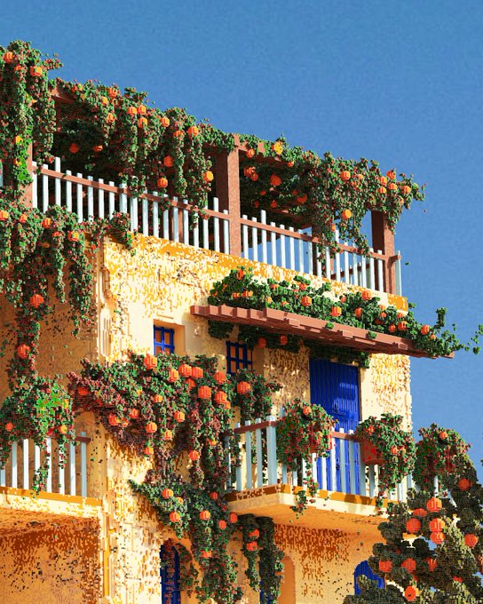 A pixel-art style rendering of a multi-story Mediterranean-style building with blue doors and windows, balconies covered in lush green vines and orange flowers against a bright blue sky.