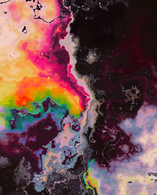 An abstract, psychedelic artwork featuring swirling, fluid shapes in vibrant rainbow colors—pink, orange, yellow, green, and blue—contrasted against deep black and purple areas, resembling marbled ink or oil on water.