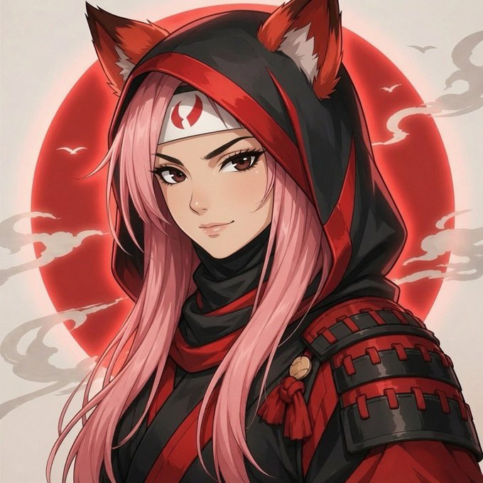 An anime-style illustration of a female character with pink hair, a headband, and a black and red hooded outfit, set against a red circle background.