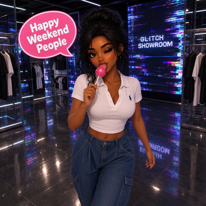A stylized digital image of a woman in a white polo and baggy jeans holding pink cotton candy in a neon-lit "GLITCH SHOWROOM", with a speech bubble reading, "Happy Weekend People".