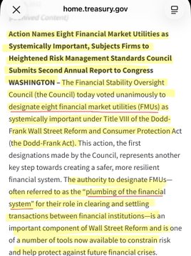 A screenshot from home.treasury.gov titled "Action Names Eight Financial Market Utilities as Systemically Important" announces that the Financial Stability Oversight Council (FSOC) unanimously designated eight financial market utilities (FMUs) as systemically important under the Dodd-Frank Wall Street Reform and Consumer Protection Act, with the text "plumbing of the financial system" highlighted. The accompanying post emphasizes how this designation connects Quant (QNT) to systemically important banking infrastructure through its collaboration with The Clearinghouse Payments Company, framing the news as an overlooked but significant detail in Quant's partnership announcement.