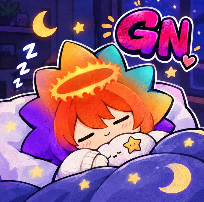 A cute chibi-style illustration of an orange-haired angel with a glowing halo sleeping while hugging a small star plushie, with a 'GM' speech bubble in the corner against a starry night background.