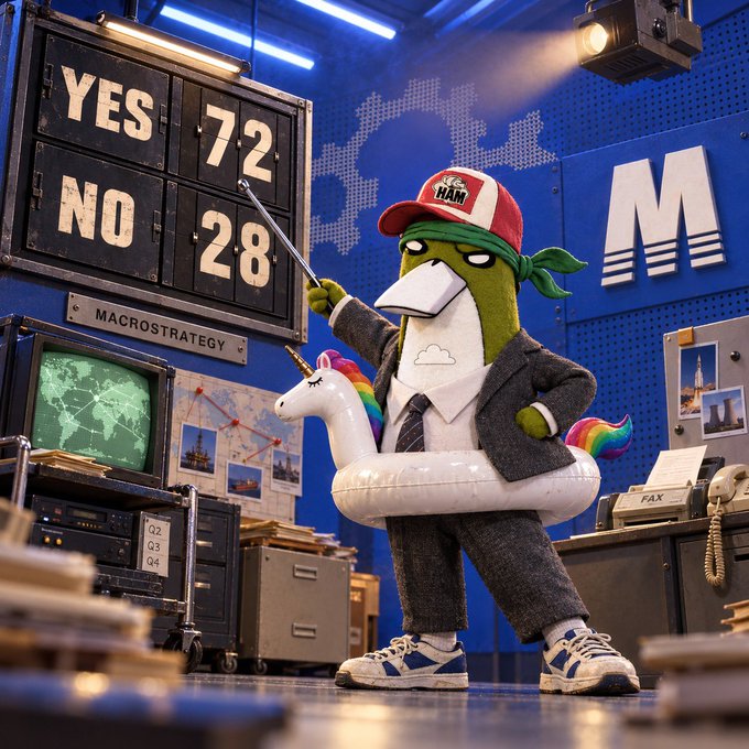 An anthropomorphic duck mascot wearing a cap and suit stands in an office setting, pointing to a scoreboard showing 'YES 72' and 'NO 28' with a 'MACROSTRATEGY' label.