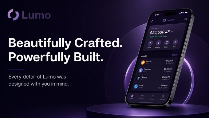 A sleek smartphone displays the Lumo crypto wallet app showing a portfolio balance of $24,530.45 with assets including Bitcoin ($15,231.50), Ethereum ($6,232.20), Solana ($1,596.75), and USDC ($689.00), alongside the tagline "Beautifully Crafted. Powerfully Built." emphasizing the wallet's premium design and digital asset management capabilities.