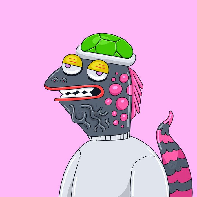 A cartoon illustration of a reptilian monster-like character with a green turtle shell-like hat, yellow eyes, pink spots on its face, and a scaly pink-and-gray tail, set against a pink background.
