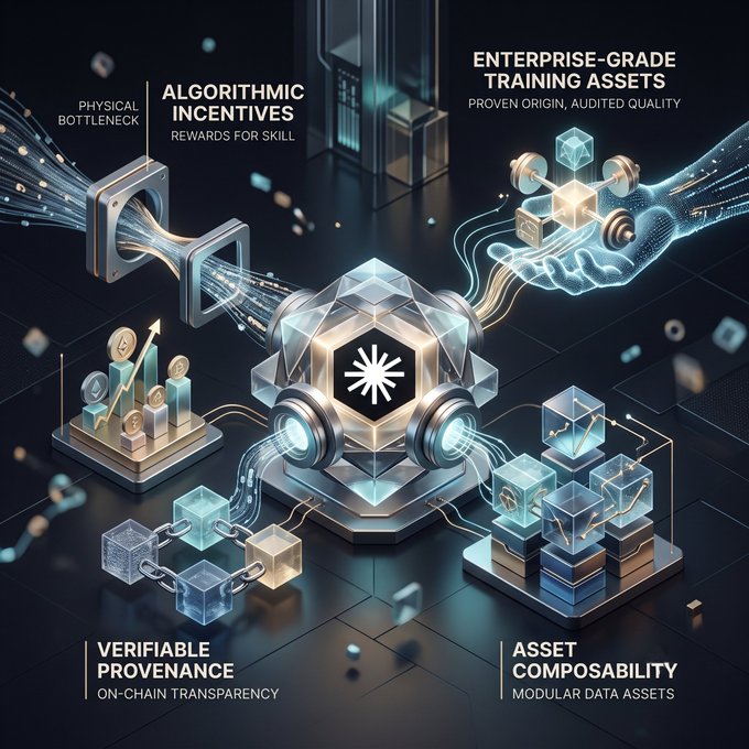 A futuristic digital graphic highlights enterprise-grade training assets with text including 'ALGORITHMIC INCENTIVES', 'VERIFIABLE PROVENANCE', and 'ASSET COMPOSABILITY'.
