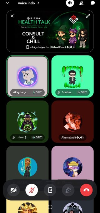 A mobile voice chat app interface (voice indo) showing a 'HEALTH TALK' room titled 'CONSUL & CHILL' by 'rikkydwiyanto | RitualDoc', with various user avatar tiles labeled 'GRIT' and an active call bar at the bottom.