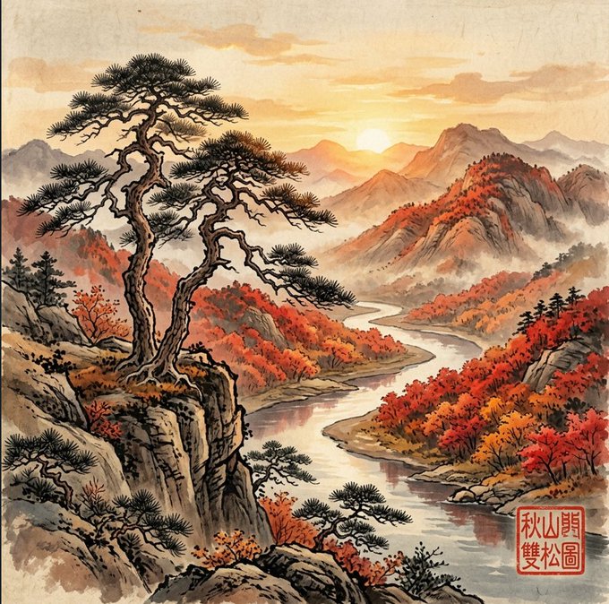 A traditional Japanese-style landscape painting featuring a gnarled pine tree on rocky cliffs overlooking a winding river with autumn-colored foliage and distant mountains bathed in golden sunset light, with red Asian characters in the bottom right corner.