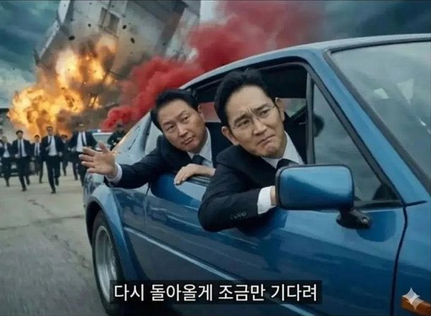 Two men in suits leaning out of a blue car window amid explosions and red smoke, with Korean subtitles translating to 'just a little more, just a moment'.