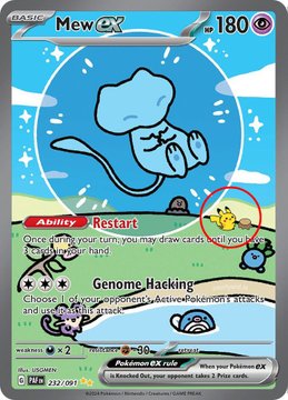 This image shows a Pokémon Trading Card Game card titled "Mew ex" (HP 180) featuring a sleeping Mew illustration on a beach, with abilities "Restart" and "Genome Hacking." In the corner area circled in red, a small Pikachu can be seen as a cameo peeking from behind a sandcastle, connecting to the post about "the Pikachu cameo we deserved."