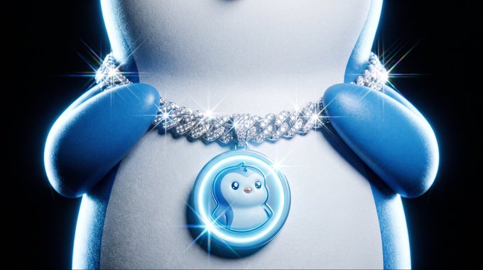 A stylized 3D character with a blue body wears a sparkling diamond-encrusted necklace featuring a circular medallion with a cute penguin design, glowing with bright blue light against a dark background.