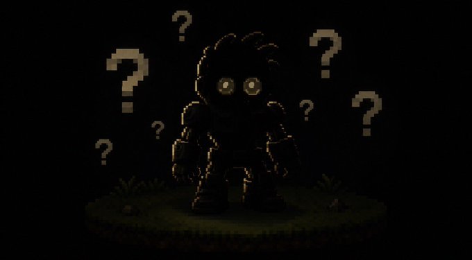 A dark silhouette of a lumberjack character with glowing eyes stands surrounded by floating question marks, visually hinting at the mysterious new character teased in the post while $WOOD tokens accumulate.