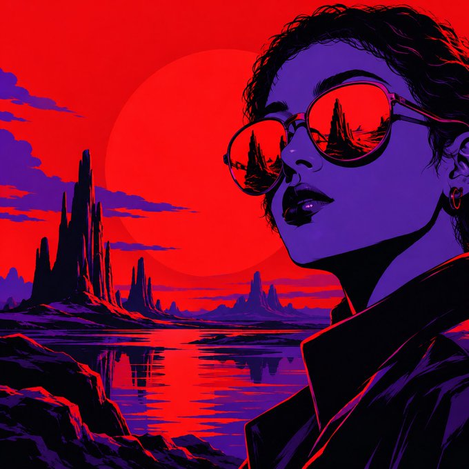 Stylized digital artwork of a woman wearing red sunglasses reflecting a desert landscape, set against a vivid red sky with rock formations.