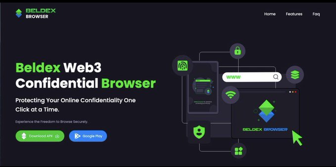 A website landing page for 'Beldex Browser' promoting it as a 'Web3 Confidential Browser' with download links for APK and Google Play.